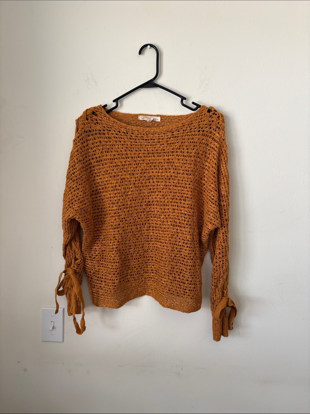 Rewind Open-Knit Tie-Sleeve Sweater - Mustard